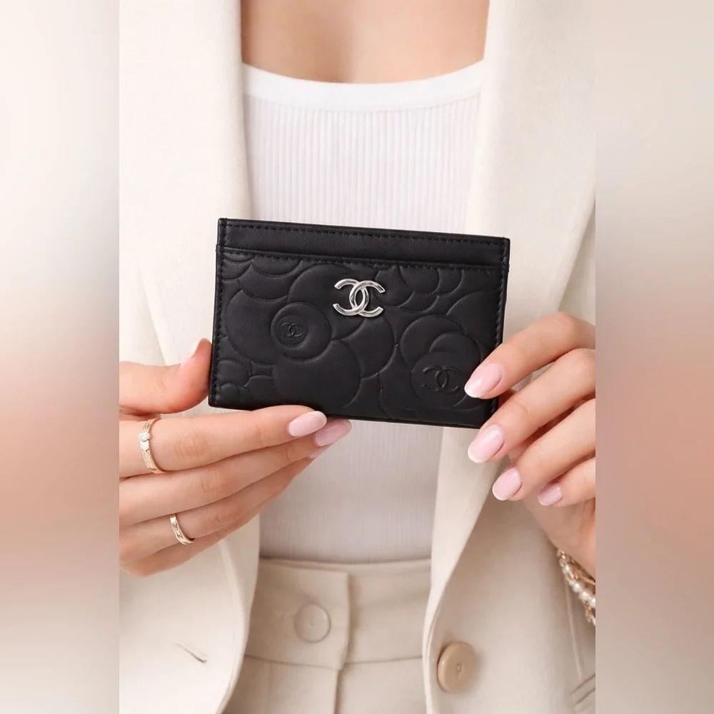 Chanel Black Leather Camellia Card Wallet